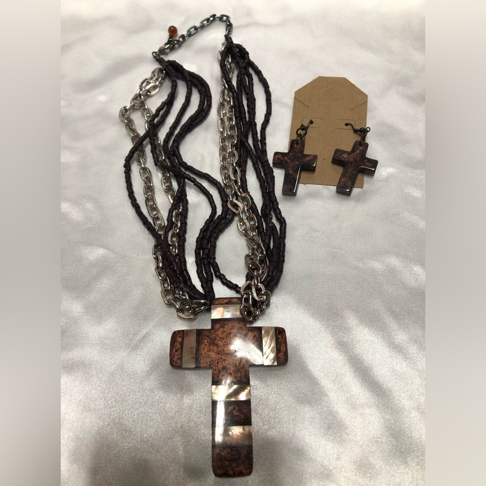 Tiger’s Eye Costume Fashion Brown and Silver Cross Necklace and Earring Set. New